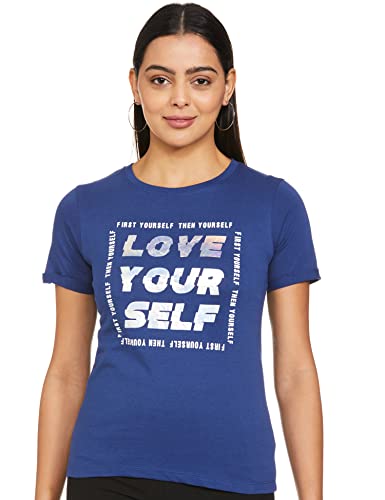 Image of Max Women's Cotton Regular Fit Typographic Printed T-Shirt with Round Neck