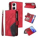 SLWYF Handyhülle für vivo Y27 4G/Y35m Plus 5G/Y35 Plus 5G Hülle, mit 9 Kartenfächern Standfuntion Retro Hülle [Premium PU] Flip Hülle Reißverschluss Magnetverschluss Brieftasche Lederhülle - Rot