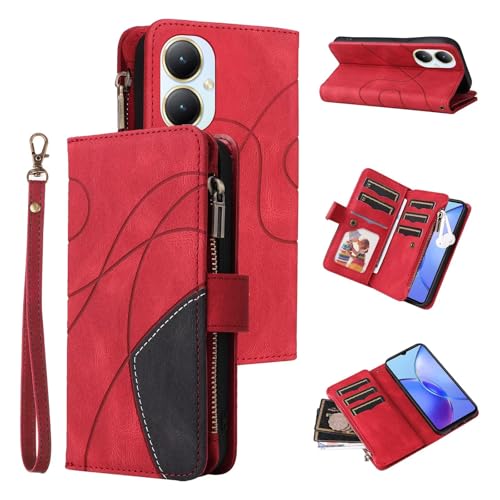 SLWYF Handyhülle für vivo Y27 4G/Y35m Plus 5G/Y35 Plus 5G Hülle, mit 9 Kartenfächern Standfuntion Retro Hülle [Premium PU] Flip Hülle Reißverschluss Magnetverschluss Brieftasche Lederhülle - Rot
