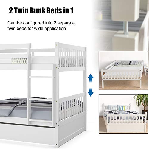 Giantex Full Over Full Bunk Bed With Trundle, Solid Wood Trundle Bed Frame W/Guardrails And Ladder, Convertible To 2 Beds, Full Size Bunk Beds For Adults Kids Teens, No Box Spring Needed, White #TOP1