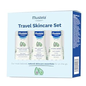 Mustela Travel Skinscare Set – Baby Skin Care & Bath Time Set – TSA-Approved – Natural & Plant-Based – Natural Avocado – 3 Items Set – Refillable & Reusable 1.69 Fl. Oz. Bottles