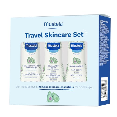 Mustela Travel Skinscare Set – Baby Skin Care & Bath Time Set – TSA-Approved – Natural & Plant-Based – Natural Avocado – 3 Items Set – Refillable & Reusable 1.69 Fl. Oz. Bottles