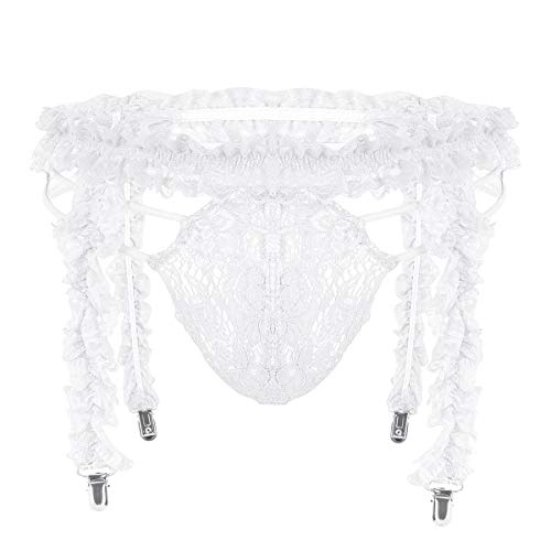 MSemis Men's 2 Piece Lingerie Set Ruffled Lace Sissy Frilly Heart Clips Garter