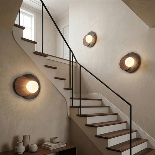 Image of Natural Travertine Wall Sconce, Minimalist Walnut & Stone Wall Light with G9 LED Bulb, Modern Geometric Globe Wall Lamp for Bedroom Bedside, Hallway, Living Room, Warm Organic Decor