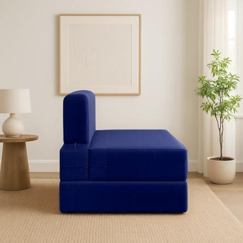 Image of PUM PUM 2-Seater Sofa Cum Bed | EPE Foam Foldable Couch with Velvet Fabric & Washable Cover | Convertible Sofa Bed for Home, Living Room & Office Guests | 3 x 6 Ft (Navy Blue)