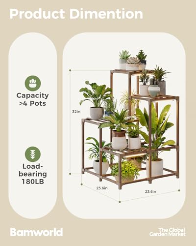 Image of Bamworld 4-Pot Plant Stand with Grow Light Indoor Outdoor Corner Shelf Plant Holder Flower Stand Wood Plant Rack Indoor Multiple Plants Patio Balcony Garden Living room