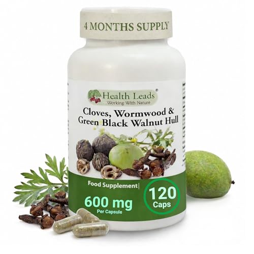Wormwood Black Walnut and Clove Capsules 600mg Per Capsule Triple Herbal Complex Green Walnut Hull Extract 120 Vegan Capsules (4 Month Supply 1 Per Day)