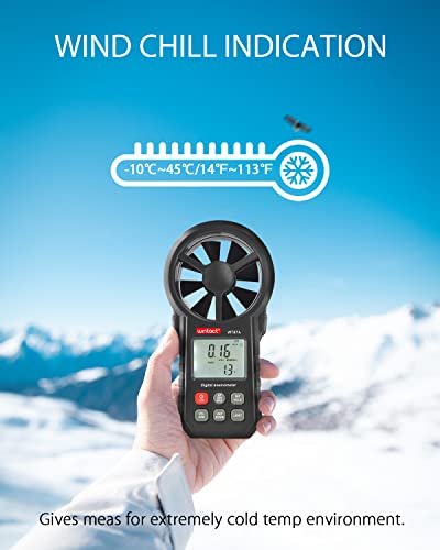 وينتكت مقياس شدة الريح المحمول باليد، مقياس سرعة الرياح الرقمي، اختبار سرعة تدفق الهواء مع قياس درجة حرارة الرياح -10 الى 45 درجة مئوية لقناة التدفئة والتهوية وتكييف الهواء في الهواء الطلق والقارب الشراعي وركوب الامواج (WT87A)