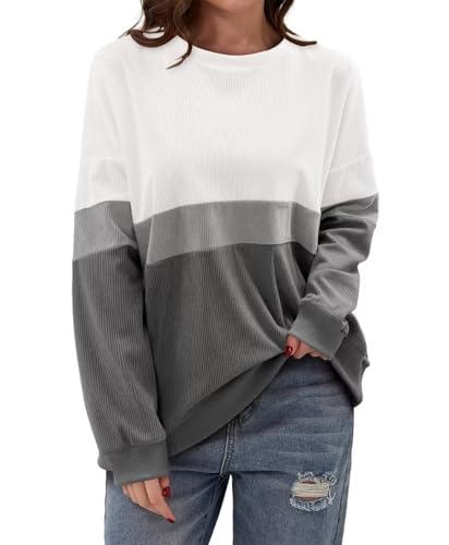 KISSMODA Womens Casual Long Sleeve Sweatshirts Color Block/Solid Tops Corduroy Crewneck Tunic Pullover with Pockets