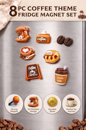 Image of 8 Pc Coffee Theme Fridge Magnet Set for Refrigerator Door | Cute 3D Cafe Magnets for Kitchen Decor | Decorative Magnets