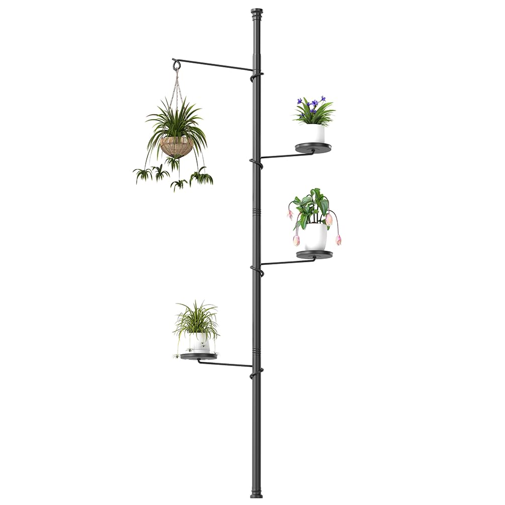 BAOYOUNI Adjustable Plant Stand Indoor, 4-Tier Metal Telescopic Pole Flower Pot Display Rack, Corner Storage Shelf with 3 Trays 1 Hanger, for Living Room, Balcony, Office, Home Decor, Black