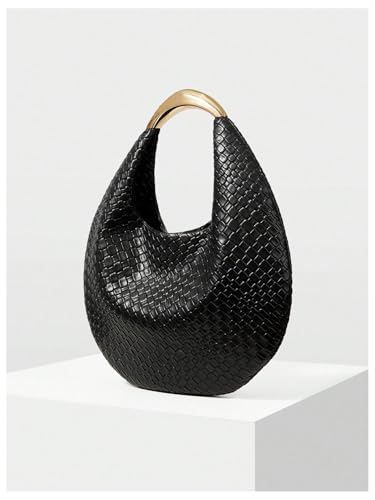 Image of QWINEE Women's Woven Handbag Elegant Clutch Purse Metal Top Handle Cresent Evening Bag Retro PU Leather Clutch Purse