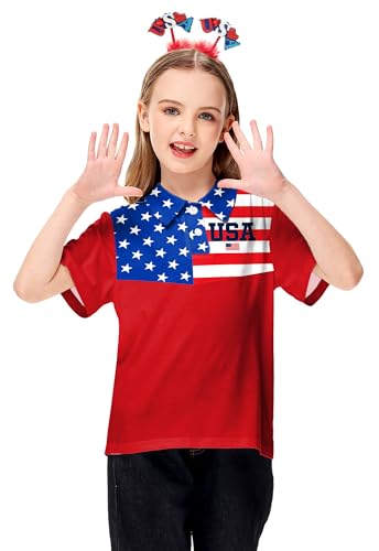 Image of AOBUTE Kids 4th of July Polo American Flag Short Sleeve Button Down Shirts Tops 3-14 Years