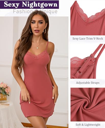 Marvmys Women's Lace Trim Chemise Nightgown Spaghetti Strap Night Slip Dress Ribbed Knit Nighties Sleepwear - Image 3