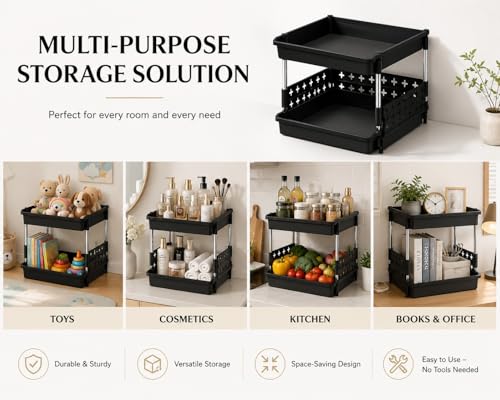 Image of KITCHIVO Multipurpose Storage Rack Organizer with Stainless Steel Pipes | Heavy Duty Plastic Shelf Stand for Kitchen, Bathroom, Laundry & Pantry (Black, 2 Layer)