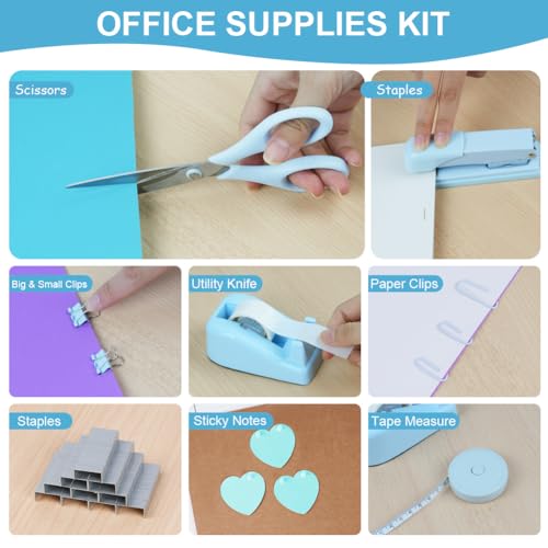 OFFCUP Kit de Papelería de Oficina, Grapas Acrílicas, Juego de Grapas Incluir Soporte para Cinta, Qquitagrapas, Tijeras, Notas Adhesivas, para Suministros de Oficina, Hogar y Escuela - Azul - imagen 3