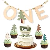 One Happy Camper Wood Banner/Cupcake Topper Set - Camping Cake Topper, Woodland Birthday Party Decor
