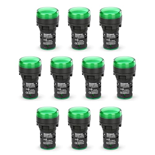 Image of BAOMAIN 22mm LED Industrial Indicator Light,110V AC Pilot Signal Lamp for Industrial Machinery Control Circuits,7 /8 inch Panel Mount, Screw Terminal,Green,10-Pack