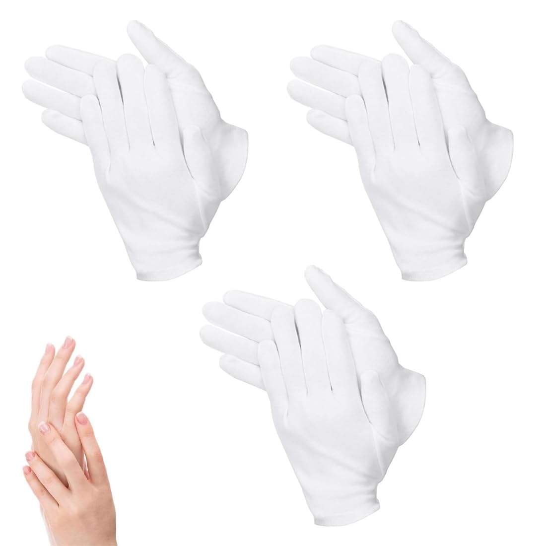 3 Paia Guanti in 100% Cotone per Cosmetici e Creme Idratanti, Ideali per Mani Secche ed Eczema, per Creme di Bellezza, per Manipolare Monete Gioielli Argento (Bianco)