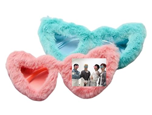 KPOP Straykids-style Fur Sunglasses Fuzzy Heart Shape Party Eyewear 樂-STAR Complex Version + Photocards Included - Main Image