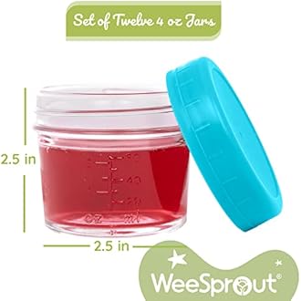 WeeSprout Glass Baby Food Storage Jars w/Lids (4 oz, 12 Pack Set) Snack, Puree, Reusable Small Containers, Breast Milk, Fridge or Freezer, Microwave & Dishwasher Safe, Essential Must Have for Infants