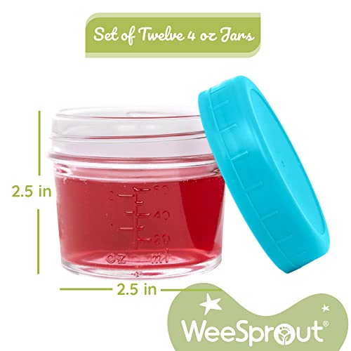 WeeSprout Glass Baby Food Storage Jars w/Lids (4 oz, 12 Pack Set) Snack, Puree, Reusable Small Containers, Breast Milk, Fridge or Freezer, Microwave & Dishwasher Safe, Essential Must Have for Infants