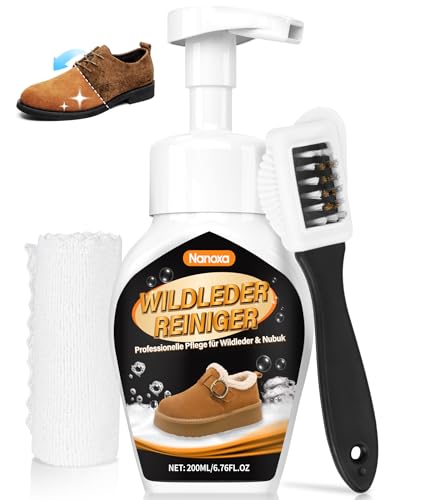 Nanoxa Wildleder Reiniger, 200ml Wildleder und Nubukreiniger ohne Ausspülen, Schuhreiniger mit Bürste & Tuch, Entfernt Schmutz & Flecken für Sneaker, Boots, Lederschuhe und mehr