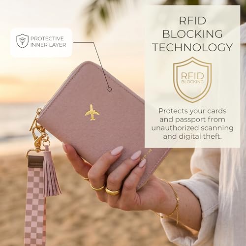 Image of Stylish Passport Holder for Travel with Detachable Wristlet Strap, Pink, 6.4 x 4.6 x 0.7 inches, Modern | All-in-one Travel Wallet Organizer for Women - Secure Money Belt Alternative with Card Slots and Tassel Keychain
