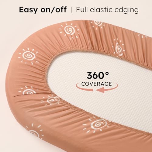 Image of Baby Bassinet Sheets, 3 Pack Fitted Bassinet Mattress Sheets, Compatible with Halo Bassinest Swivel Sleeper & Oval Hourglass Rectangle Mattress, Ultra Soft Orange Sun Rainbow
