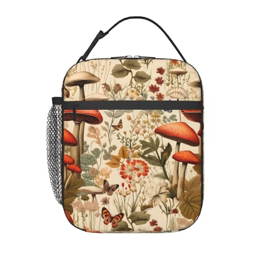 ainori Reusable Mushroom Retro Lunch Box for Kids, Insulated Butterfly Floral Vintage Bag,Polyester Cooler Nature Lovers Handbags Case for School...