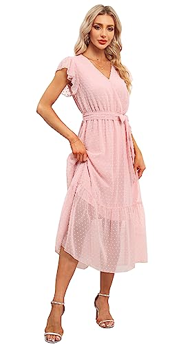 Image of VintageClothing Womens Sundress Casual Floral Summer Boho Dress | Flowy Wrap V Neck Ruffle A-Line Pleated Hem Midi Dresses