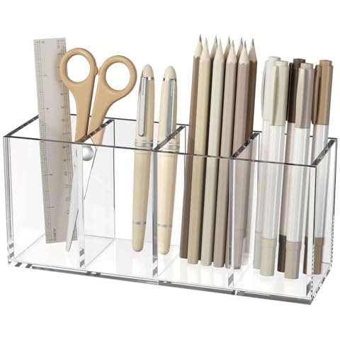 NIUBEE Acrylic Pen Holder 4 Compartments, Clear Pencil Organizer Cup for Countertop Desk Accessory Storage Cover