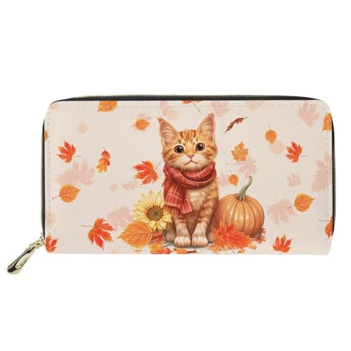 GIFTPUZZ Autumn Cat Leather Long Zipper Around Cash Wallets with Coin Pocket Large Clutch RFID Blocking Wallet for Women with Cash Card Sloths Thanksgiving