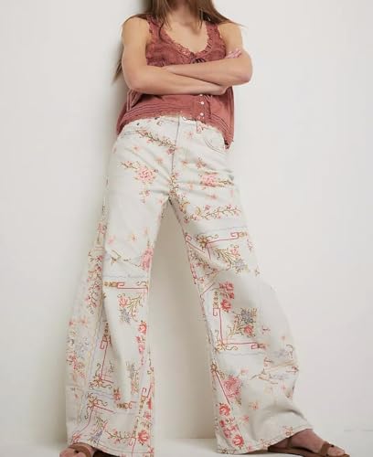 CHARTOU Women Floral Denim Wide Leg Pants High Waist Floor Length Baggy Barrel Jeans2