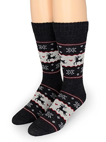 Warrior Alpaca Socks - Fun Reindeer - Fair Isle Alpaca Wool Socks - Warm, Winter, Novelty, Holiday Sox - Unisex (Medium, Black / Grey/ Red)