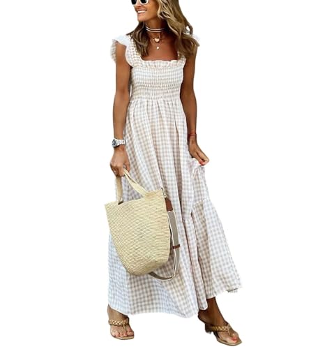 ebossy Women's 2025 Fashion Plaid Dress Sleeveless Smocked Ruffle Pleated Boho Party Beach Gingham Maxi Dresses