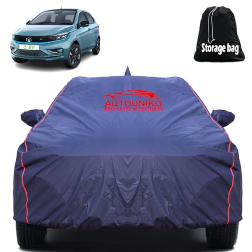 Image of Waterproof Car Body Cover for Tata Tiago Ev with Mirror and Antenna Pocket and Soft Cotton Lining (Full Bottom Elastic Triple Stitched) (Dark Blue)