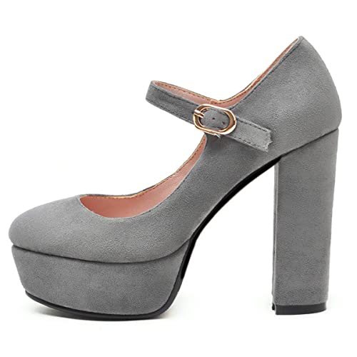 SHEMEE Women's Chunky High Heels Platform Mary Janes Pumps Faux Suede Ankle Strap Buckle Round Toe Block Heeled Dress Shoes2