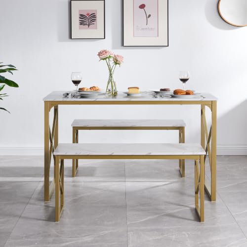 Image of VECELO 43.3 inch Kitchen Dining Table Set for 4, Heavy-Duty Steel Frame & Wood-Grain Tabletop, Space-Saving Dinette Sets with 2 Benches for Breakfast Nook and Small Space, Golden