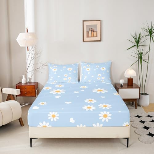Image of Daisy Flowers Bed Sheet Set Kids Garden Theme Sheets Set 4pc Yellow White Blue Microfiber Soft Bedding Set,1 Flat Sheet,1 Deep Pocket Fitted Sheet,2 Pillow Cases(King Size)