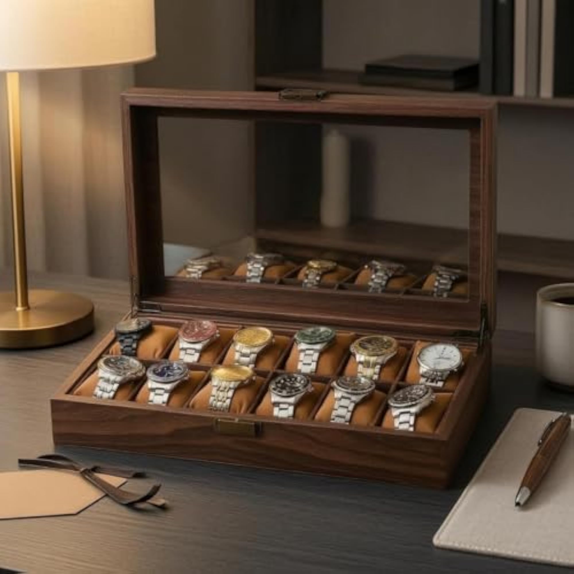 Wood-Grain Wooden Watch Box with Metal Latch, Display Case
