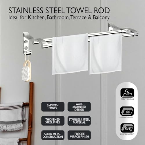 Image of Pivalo Towel Rod Wall Mounted Double Aluminium Rail Napkin Holder Multipurpose Hanger Stand Bathroom Accessories Bar for Home Kitchen Washroom (Pack of 1, Silver, 1028)
