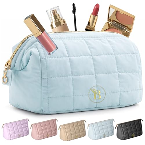 Image of Quilted Blue Makeup Bag for Women, Travel Toiletry Bag with Wide-Open Top & Zipper Pouch, Travel Makeup Case Organizer with Internal Pockets, Puffy Cosmetic Pouch for Everyday Essentials