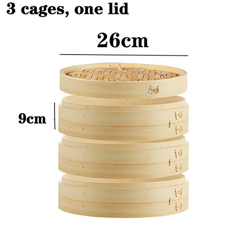 ANSNOW Bamboo Steamer, 3 Cages and 1 Lid Internal Depth 6Cm for Traditional Cooking for Rice Dim Sum Vegetables Meat and Fish Steamed/26Cm - Image 6