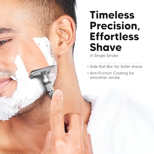 Image of LetsShave Pro Signature DE Safety Razor for Men (+10 Blades, 1 Alum Bar) | Double Edge Classic Razor with Stainless Steel Blades | Premium Metal Handle for Precision & Control | Traditional Single Blade Shaver