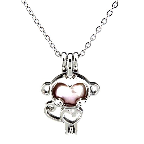 Heart Monkey Locket Necklace - Monkey Pearl Cage - Akoya Oyster - Silver Monkey Pendant