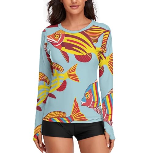 Chemise de soleil manches longues femme à motif poisson tropical pour sport