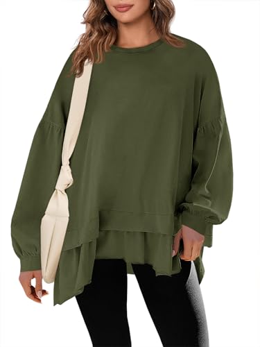 Tankaneo Womens Oversized Tops Peplum Puff Long Sleeve Shirts Trendy Casual Loose Fit Crew Neck Tunic Shirts