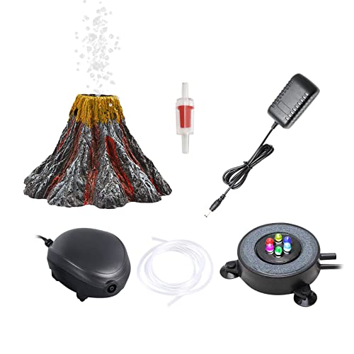 YWNYT Aquarium Volcano Bubble Ornament Kit, Fish Tank Air Bubbler Stone with Air Pump, Aquarium Light with 6 LEDs