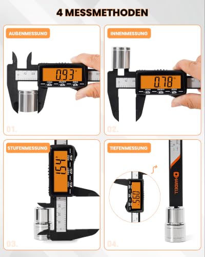 Miniatura 7 de Hardell Pie De Rey Digital Recargable 150 Mm, Calibre Digital Usb-C, Pantalla Lcd Naranja Sin Retroiluminación, Precisión 0,01 Mm, Conversión Mm Pulgada, Herramienta De Medición Para Bricolaje
